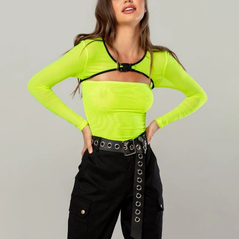 С длинным рукавом сетки лоскутное хлопок Bodycon сексуальное боди на шнуровке женщин Твердые высокой шеи с повязкой тела