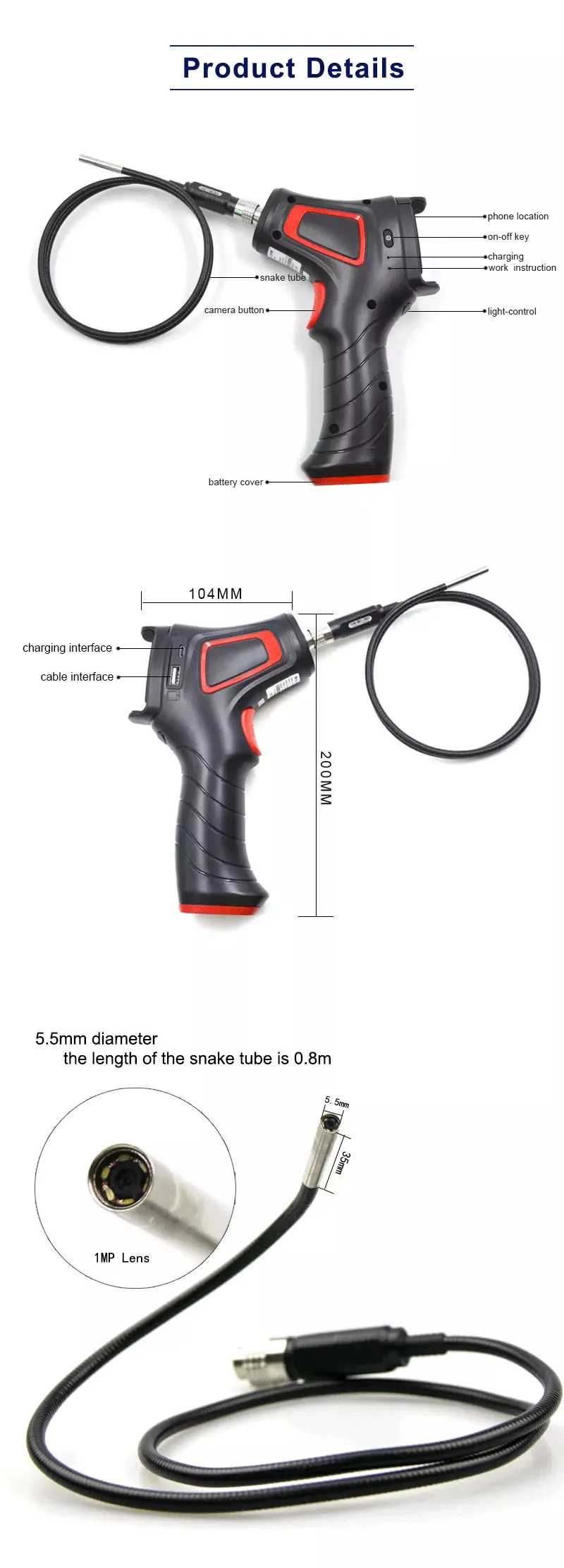 Профессиональная промышленная камера Borescopes 6 регулируемая светодиодная лампа с 80 см трубкой бороскоп инструмент для обслуживания и ремонта автомобилей