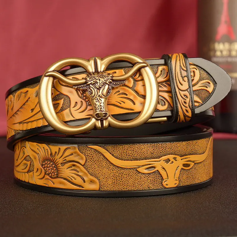 

Luxury Mens Carved Leisure Belt Aged Fashion Genuine Leather Party Show Waist Strap Yuppie Jeans Accessories Metel Cow Buckle