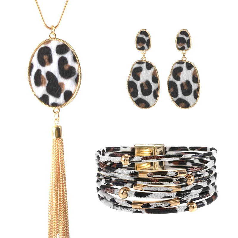 3 шт леопардовые браслеты богемные леопардовые серьги ожерелье для женщин девочек(набор овальных сережек