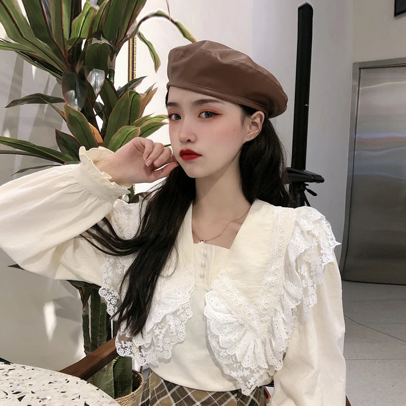 Blusas mujer de moda Лоскутная пуговица квадратный воротник с расклешенными рукавами милая стильная корейская модная одежда женские топы и блузки