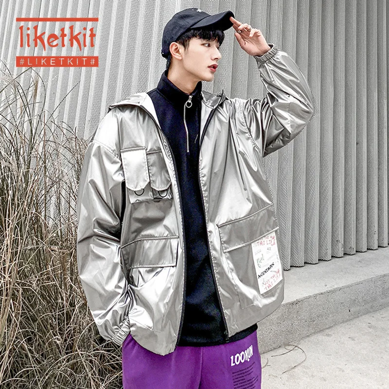 

Liketkit Hip Hop Bomber Jacket Men 2020 Harajuku Silver Bright Leather Coats Male Oversized Streetwear Fashion Loose Windbreaker