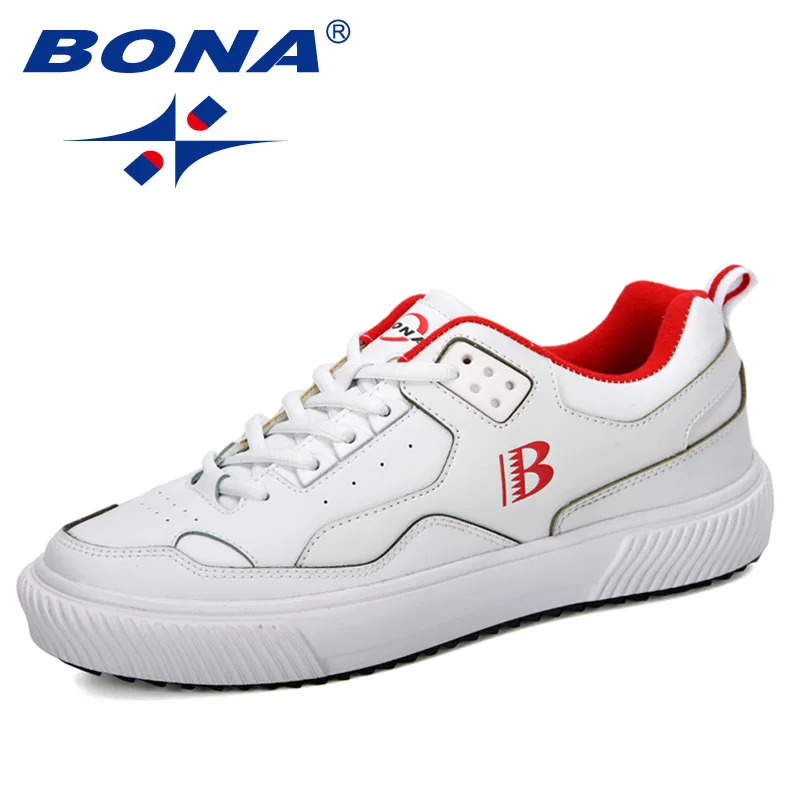 White red BONA новая дизайнерская мужская обувь кроссовки Повседневная мягкая кожаная обувь для скейтборда Мужские Легкие беговые кроссовки для тренировок - Цвет: White red