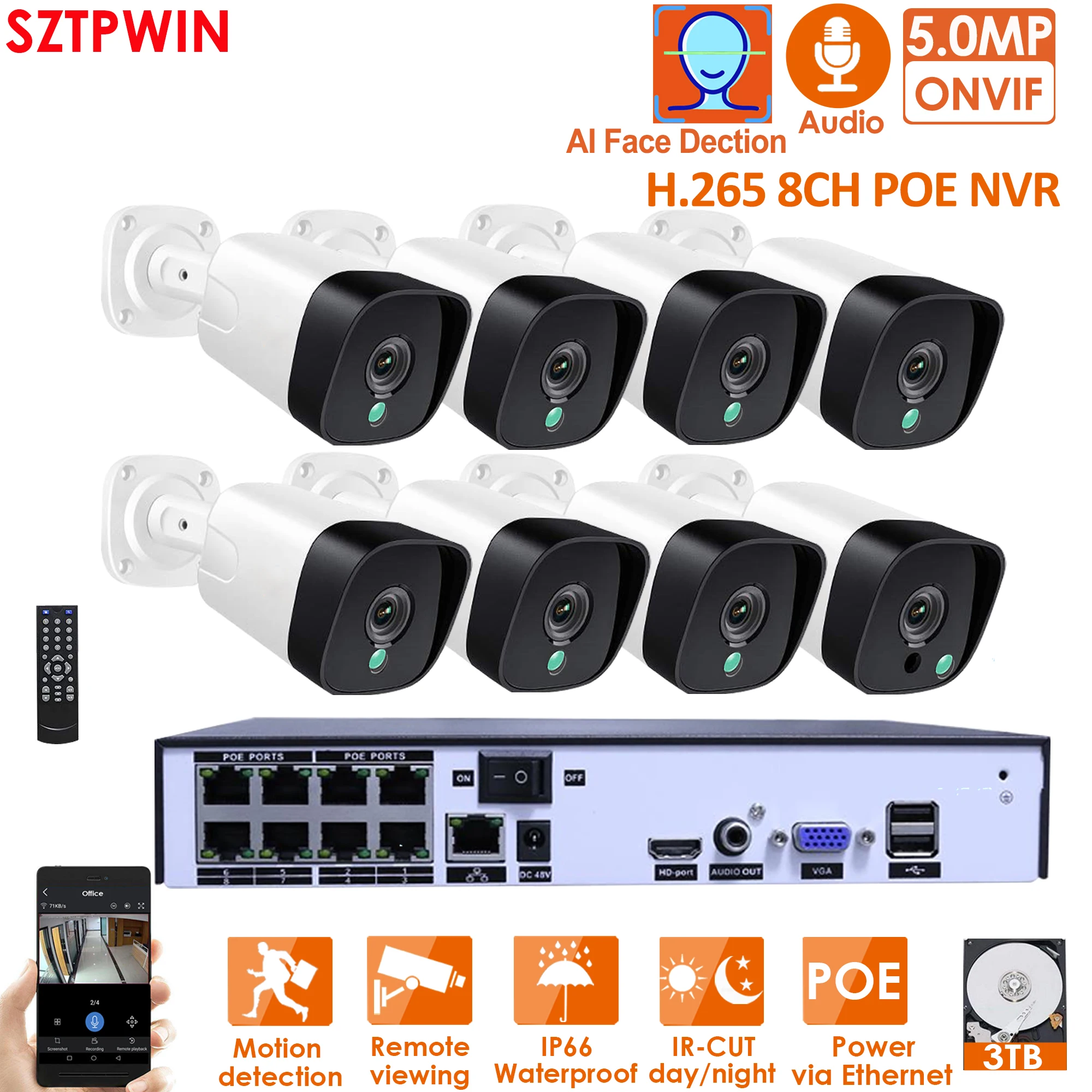 H.265+ 8CH 5MP POE Security Camera System Kit Audio Record Rj45 5MP IP Camera Outdoor Waterproof CCTV Video Surveillance NVR KIT