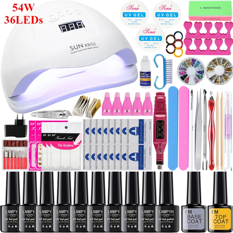 choose 10 colors 54W 16/10 pcs Nail Gel Polish Set Kit 90/80/54/36W UV LED Lamp Manicure Set Nail Art Salon ForManicure Tools WIth Nail Drill Machine - Цвет: choose 10 colors 54W