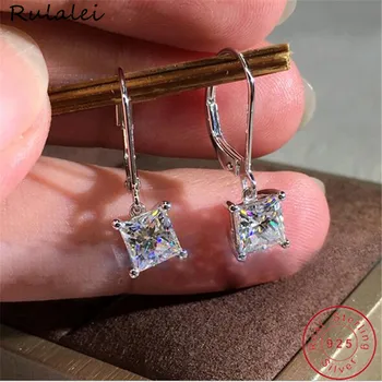 

Rulalei New Stunning Luxury Jewelry 925 Sterling Silver Princess Cut White AAAAA Cubic Zirconia CZ Women Drop Dangle Earring