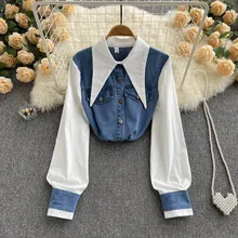 

2022 Spring Autumn Women's Blue Denim Shirt Color Contrast Patchwork Loose Blouse Shows Thin Versatile Top Pockets Fashion New