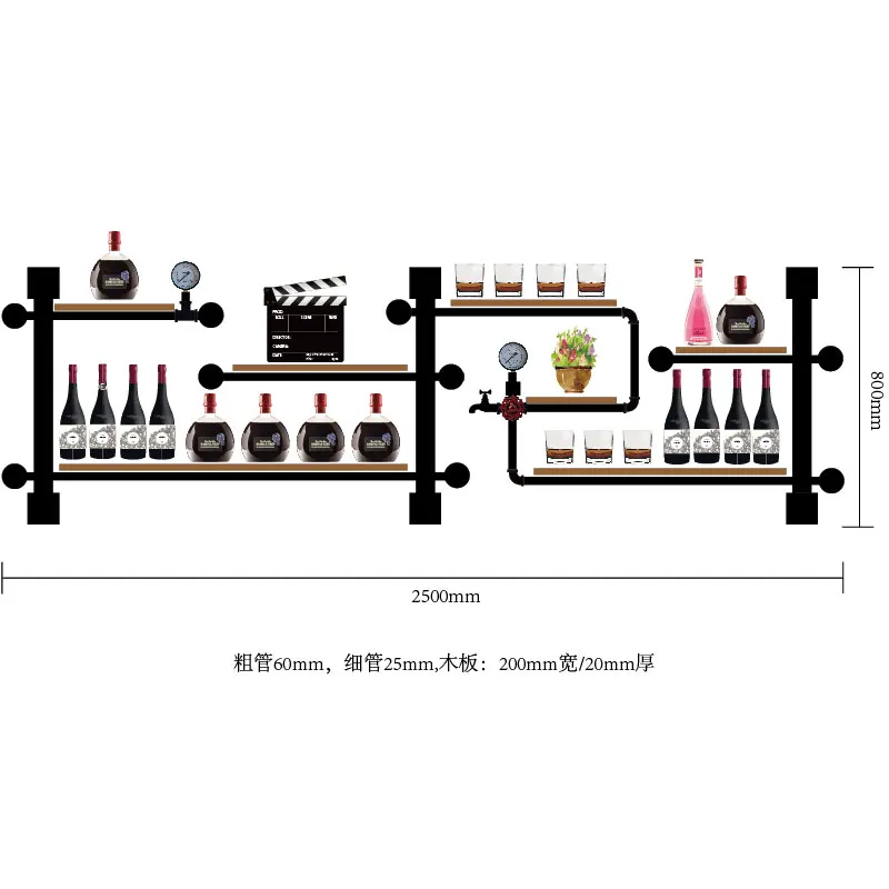 Художественный винный стеллаж, настенный стеллаж, полки для стеклянной посуды, книжная полка, железная труба и деревянная доска, сборка CF