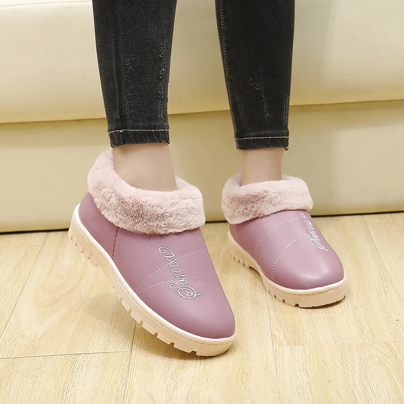 

Waterproof Cotton Slippers Winter Men's Bag with Warm Thick Bottomed Indoor-Style Leather Home Cotton-padded Shoes Women's Winte