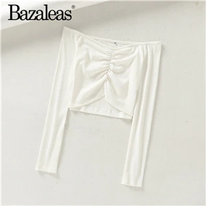 B70 white 689 Bazaleas тонкий короткий топ с длинными рукавами в стиле панк центр футболка на шнурке Женская Базовая женская укороченная футболка Прямая - Color: B70 white 689