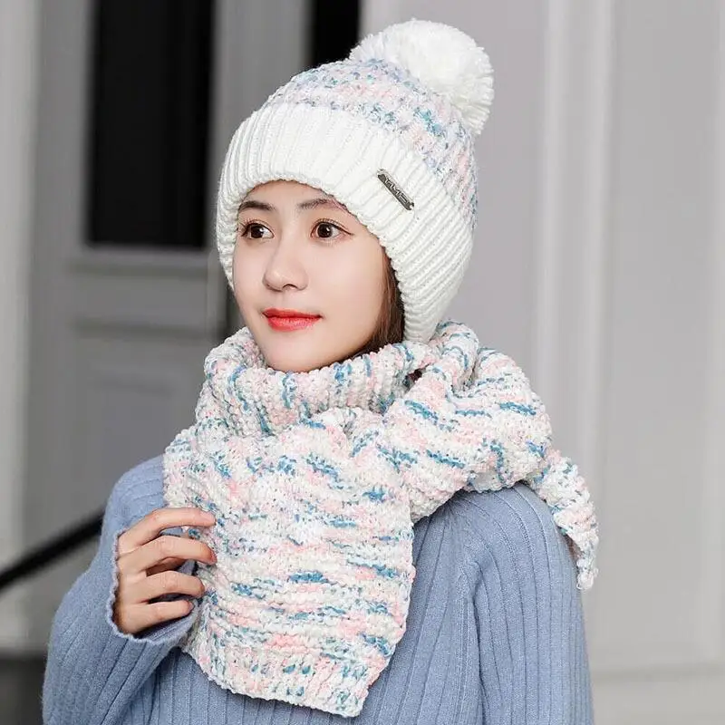 Вязаный шарф с капюшоном бесконечность для женщин Зимняя теплая шапка-маска женские модные милые шарфы теплая шапка толстый шарф 2/комплект