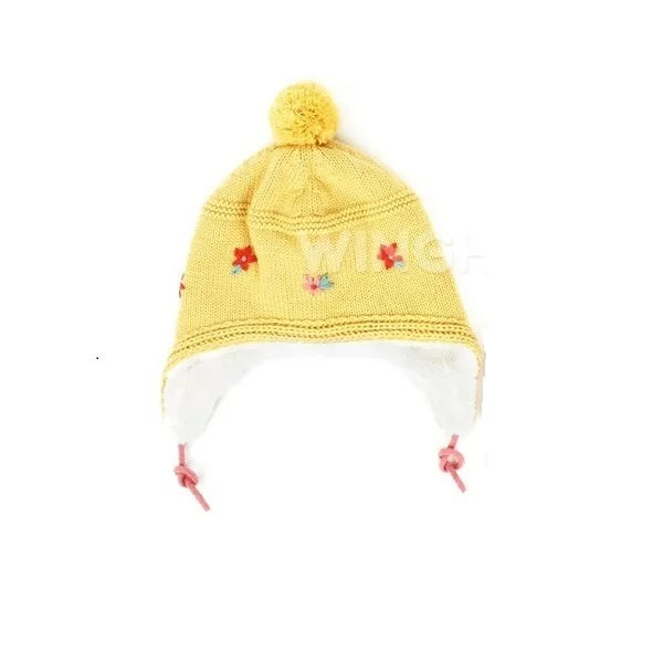 Детская шапка для девочек с мультяшным кроликом; шапочка с цветком и помпоном; детская зимняя вязаная флисовая шапка с ушками; теплая шапка-ушанка из Южной Кореи - Цвет: Yellow Hat