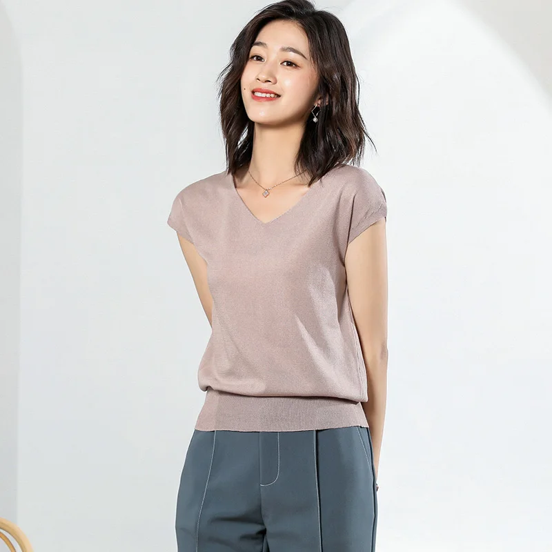 Летний женский Шелковый вязаный свитер с v-образным вырезом без рукавов тонкий