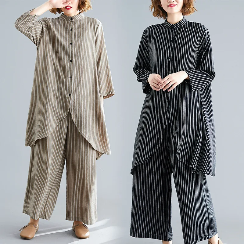 

Photo Shoot New Style Fashion Stripes Versatile Set Loose-Fit Slimming Shirt Pants Two-Piece Set