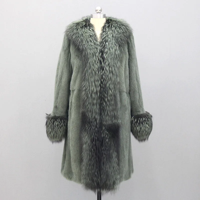 Dark green new mink coat Girls long section of the entire large fox fur collar coat 1008 - Цвет: Dark green