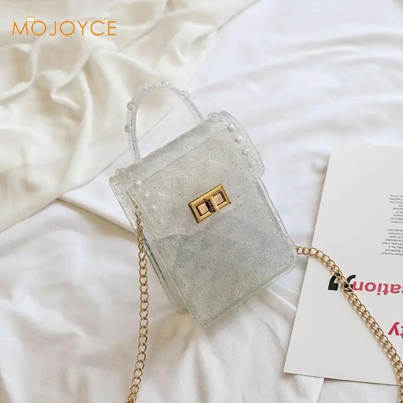 

Women Cute Fashion PVC Mobile Phone Bag Chain Jelly Small Shoulder Bags Fashion Solid Color Small Messenger Top-handle Bags