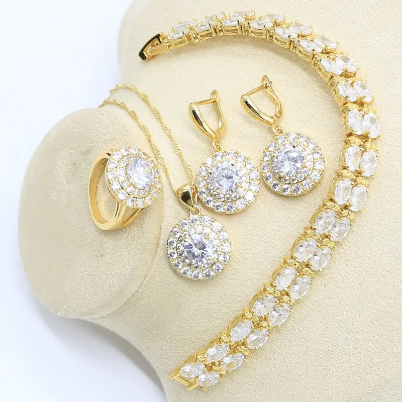 

Geometric Gold Color Jewelry Set for Women White Zircon Bracelet Earrings Necklace Pendant Ring Wedding Birthday Gift