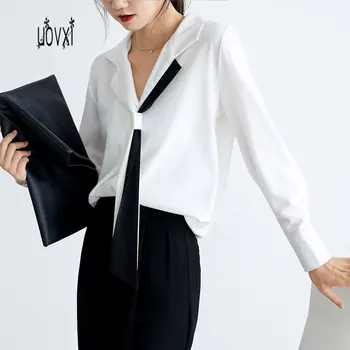 

2020 autumn new Korean fashion fashion suit collar retro chiffon shirt contrast color bow tie office bottoming shirt