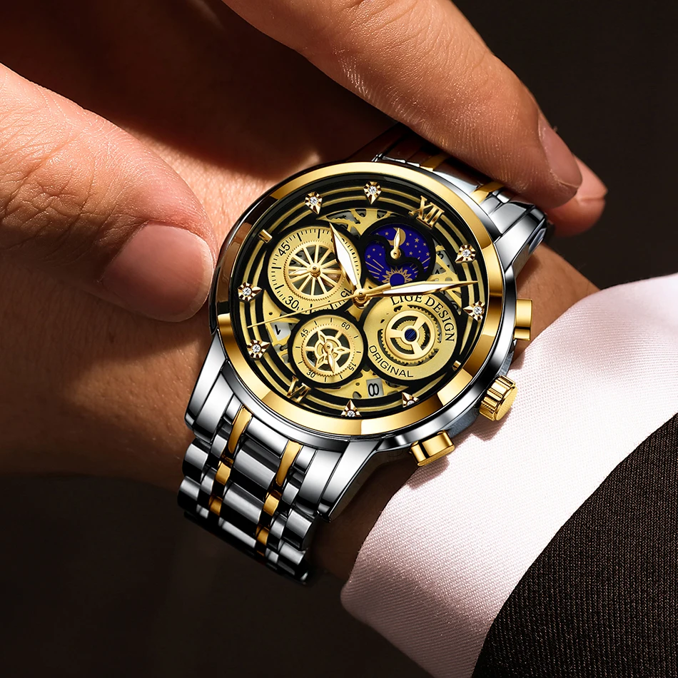 2021 New LIGE Sport Men Watch Top Brand Luxury Gold Stainless Steel Quartz Wrsit Watch Men Fashion Hollow Waterproof Chronograph