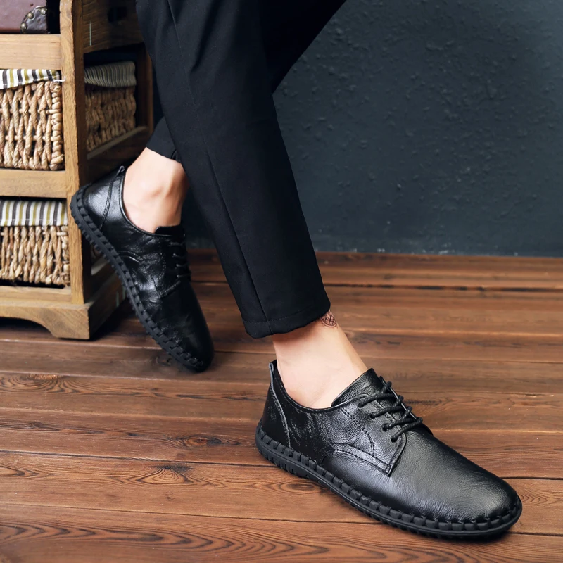Big Size 47 Men Leather Derby Shoes Luxury Brand Casual Footwear Shoes Men Soft Comfy Flat Lace-Up Gentleman Drive Shoes VI