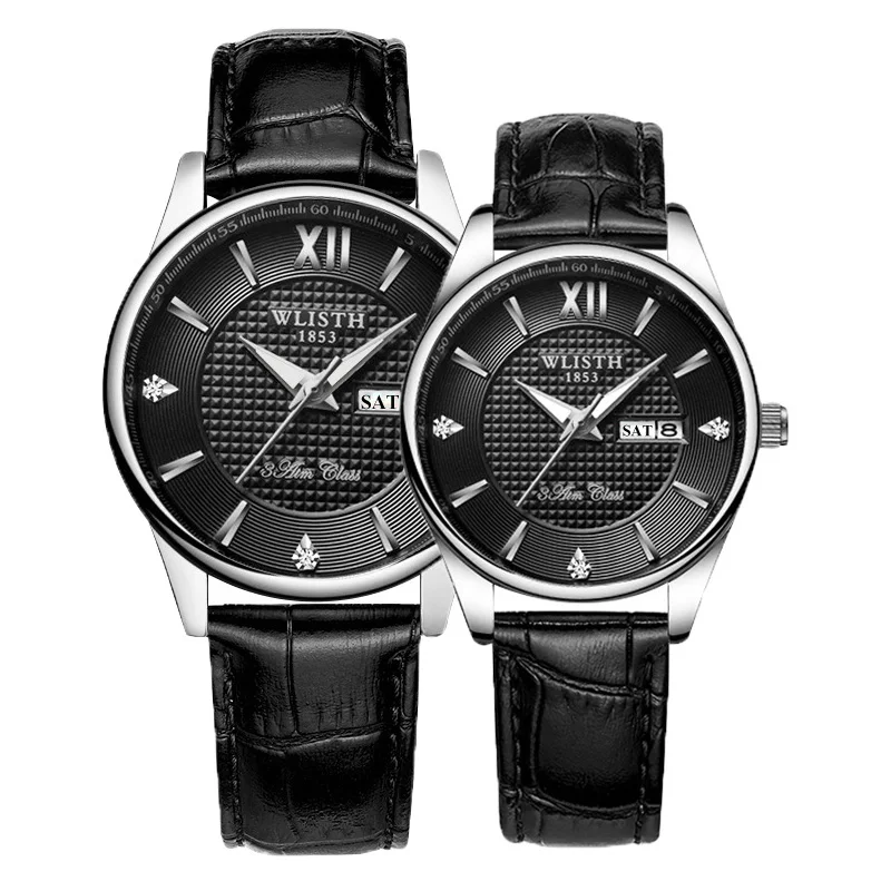 Leather Silver Black Wlisth часы для мужчин Высокое качество Топ бренд бизнес часы для мужчин Пара наручные часы для женщин часы двойной календарь часы для влюбленных - Цвет: Leather Silver Black