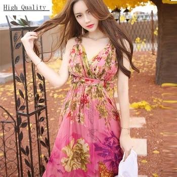 

Sexy V Neck Dress Women Long Beach Summer Dress Print Floral Pink Dresses Party Maxi Silk Dresses Boho Vestidos LWL1502