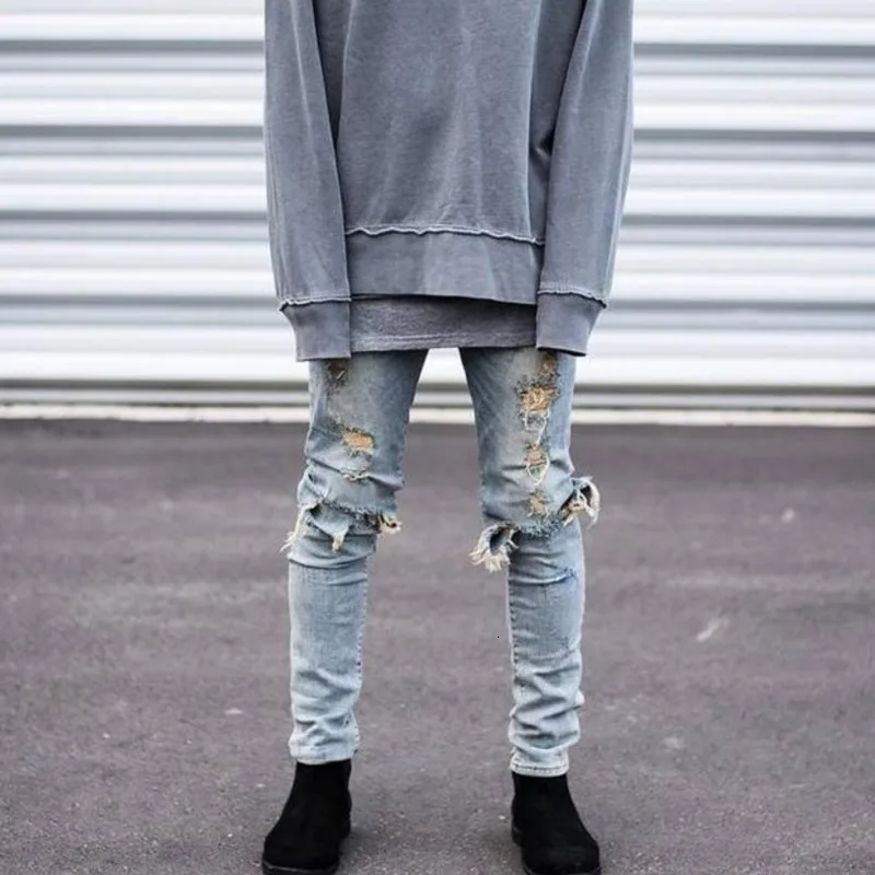 EWQ New Arrival Spring Summer Men Hole Long Slim Denim Pants Straight Solid Trousers For Male Zipper Jeans Pants HD566