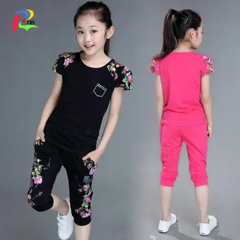 

Children Clothing Sets Summer Girls Sports Suit Cotton Print Short Sleeve T-shirt+Pants 2Pcs Girls Clothes 4 6 8 10 12 13 Years