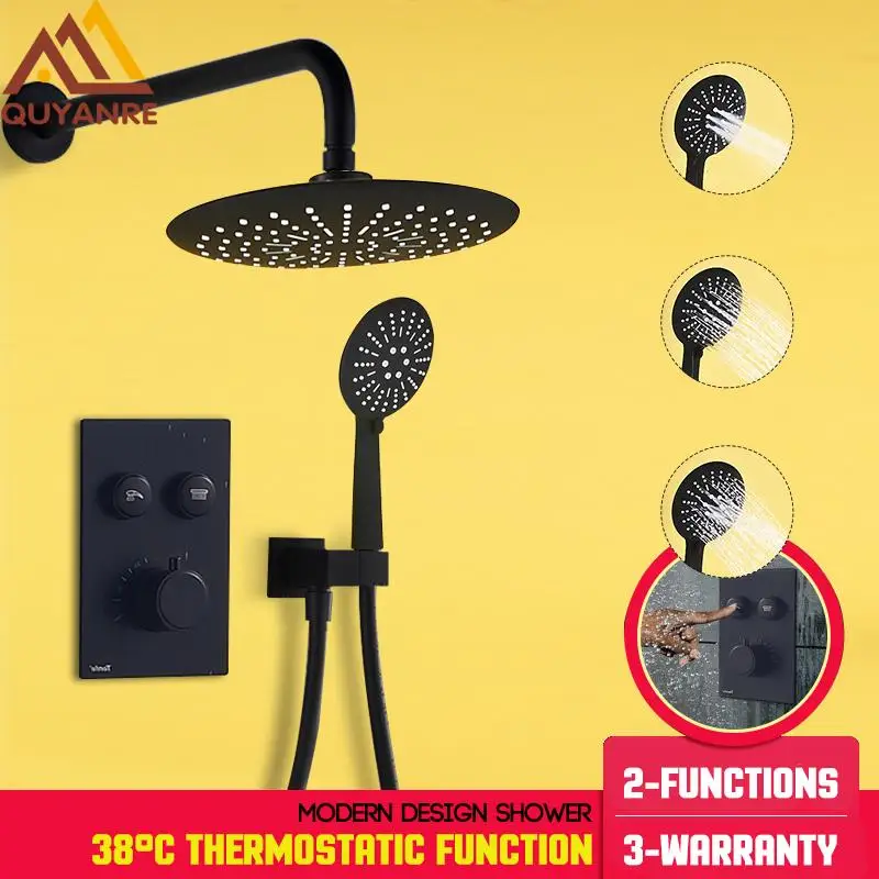 quyanre wanfan matte black 2-way thermostatic shower faucets mult-functional shower head handshower 2 button control black shower faucets