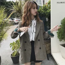 Осень-зима, новая Корейская версия, Свободный Повседневный клетчатый костюм, модный двубортный женский модный Блейзер, женский пиджак