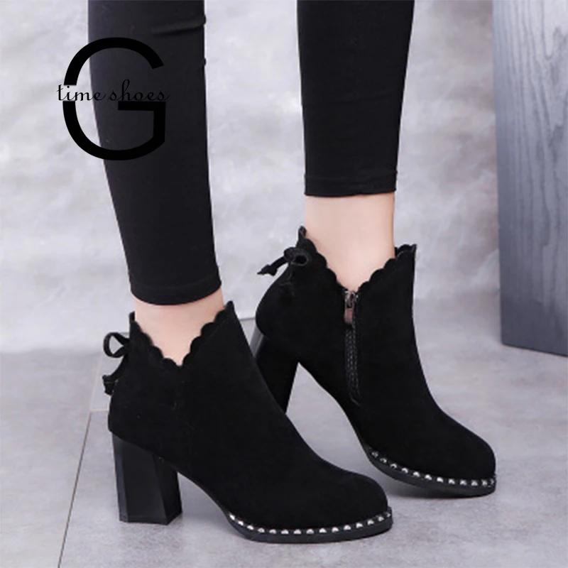 

Gtime High Heel Boots Women Side Zipper Ankle Boots Autumn Winter Warm Short Botas Sweet Bowtie Female Botas Mujer SE074