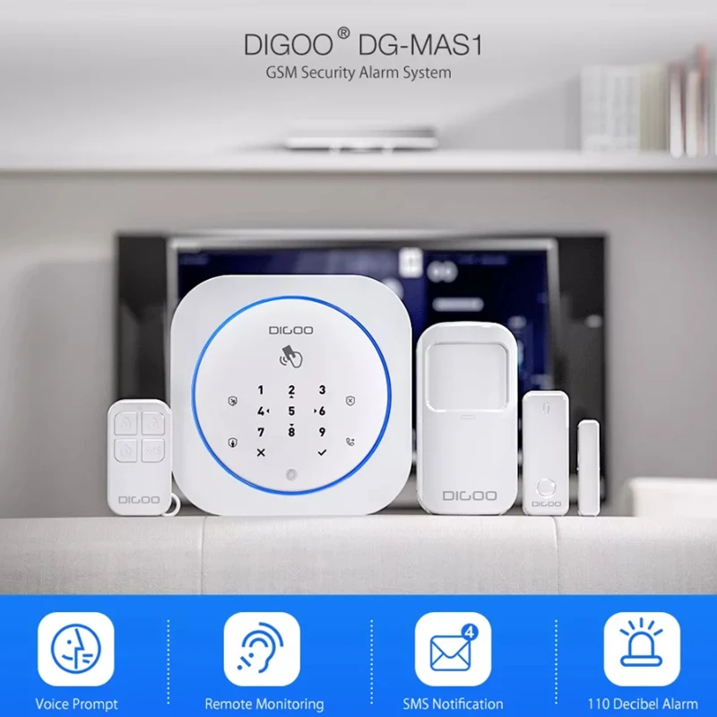 

Digoo DG-MAS1 433MHz Wireless GSM DIY Home Alarm System Kits for IOS & Android APP - Door Sensor - PIR Detector - Remote Control