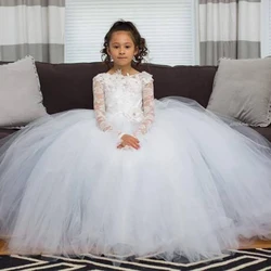 Cute Long Girls Bridal White Lace Long Sleeves Girls Formal Dress First Communication Dress Flower Girl Dresses 2021 for Wedding