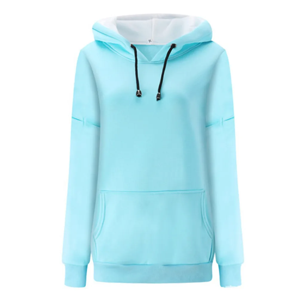 

Fashsiualy Light Blue Hoodies Women Autumn Casual Sweatshirt Full Sleeve Pockets Pullover Drawstring Solid Hooded Sportswear Top