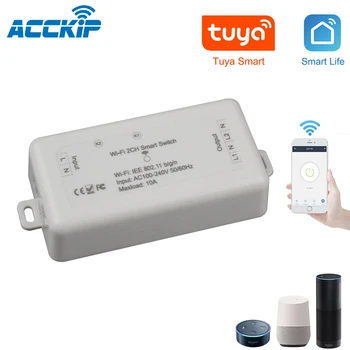

ACCKIP 2 Way Wifi Smart Light Switch Tuya APP Wireless Remote Voice Control Works with Alexa Google 2 Channels Ciruit Breaker