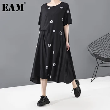 

[EAM] Women Dot Printed Asymmetrical Big Size Dress New Round Neck Short Sleeve Loose Fit Fashion Tide Spring Summer 2020 1T827