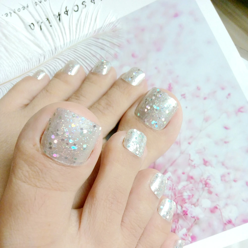 

24Pcs Artificial Toe Nails Glitter Silver Fake Toenail Plastic False Nails With Design Full Cover Tips Manicure Tools