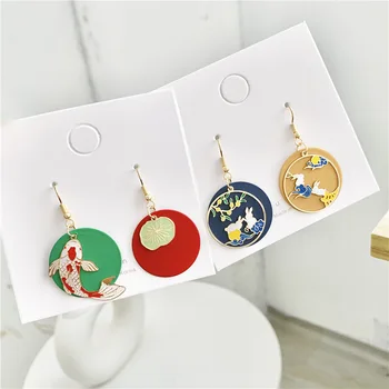 

Style restoring ancient ways round ear stud earrings sweet girl brocade carp yutu personality than printed fairy earrings