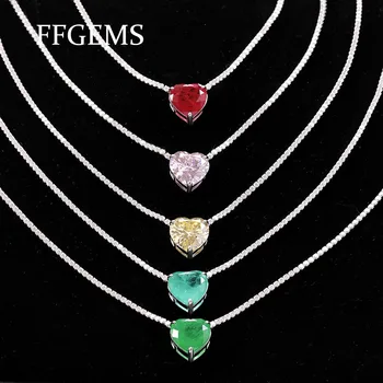 

FFGem Sterling Silver 925 Tennies Necklace Choker simple Heart Gemstone Emerald Diamond White Gold Women Fine Jewelry Party Gift