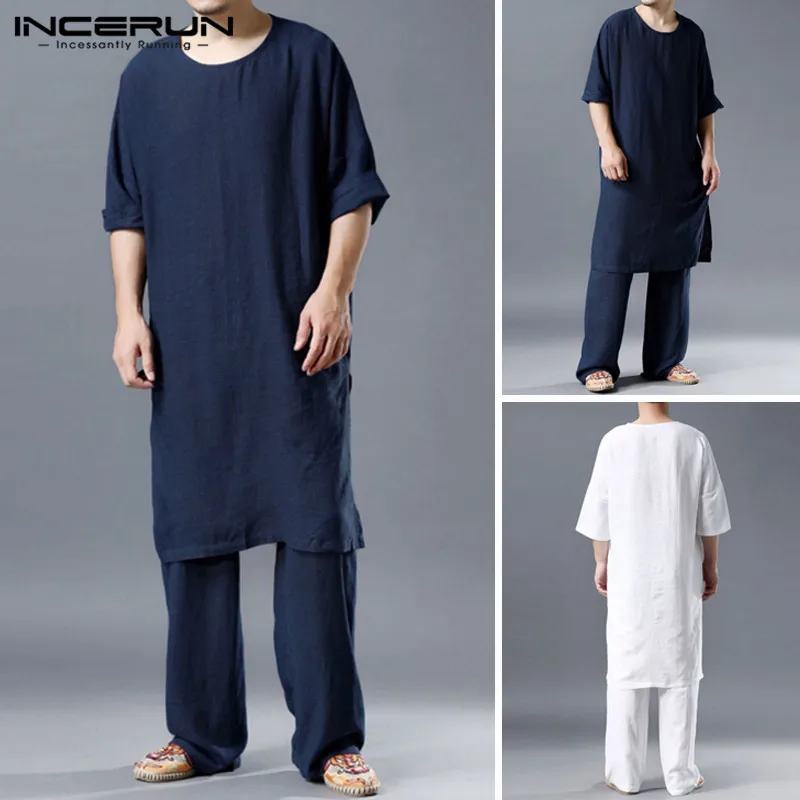 INCERUN Chinese Style Cotton Men Sets Vintage Solid Half Sleeve Long Tops Straight Pants Loose Streetwear Casual Men Suits S-5XL INCERUN Chinese Style Cotton Men Sets Vintage Solid Half Sleeve Long Tops Straight Pants Loose Streetwear Casual Men Suits S-5XL