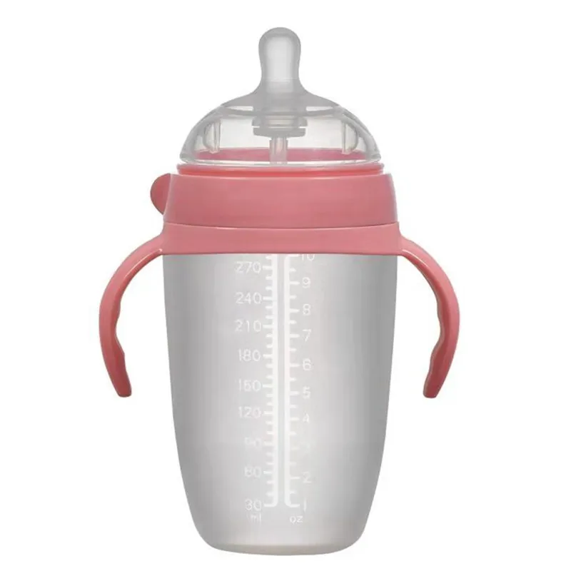 

Customizable New Style Silicone Nursing Bottle Wide Mouth Faux Breast Milk Pacifier Handle Straw BABY'S Feeding Bottle 300 Ml