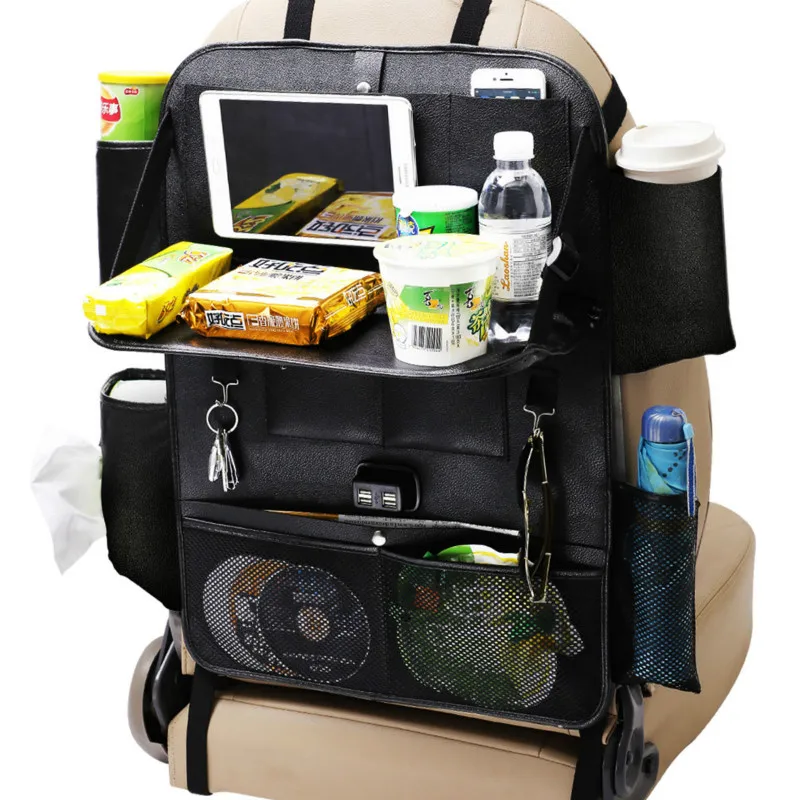 

Auto Car Seat Organizer Seat Back Storage Bag Automobiles Backseat Table 4 USB Charger Computer Tray Organizer Net Accessories