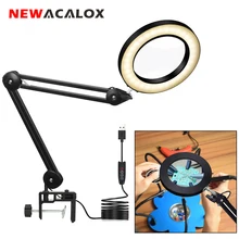 NEWACALOX USB 5X Folding Magnifying Glass LED Lighting Table Lamp Jewelry Magnifier Soldering Third Hand Illuminated Glass Loup
