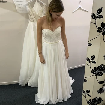 

Summer Beach Lace Chiffon Boho Wedding Dresses Strapless A Line Lace Appliques Sleeveless Bohemia Bridal Gown Vestido De Noiva