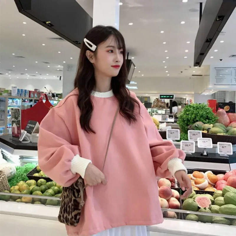 Женские толстовки с капюшоном в Корейском стиле Harajuku Ulzzang, большие однотонные свободные бархатные женские толстовки для девушек и студентов, шикарные повседневные толстовки