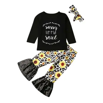 

0-3Y Newborn Kids Baby Girl Clothes Sets Letter Shirts+Sunflowers Sequins Flares Pants+Headband 3Pcs Autumn Girl Outfits 0-3Y