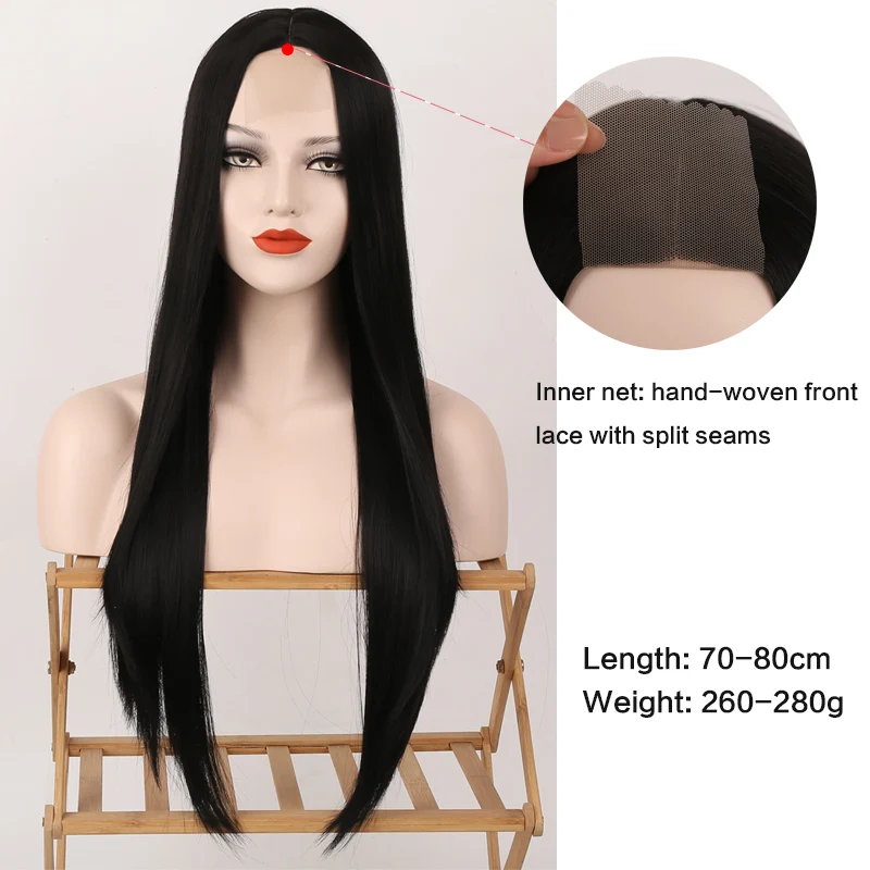 WEILAI Long Black Wavy Middle Part Hair Lace Front Fiber Future Wig Cosplay Natural Heat Resistant Synthetic Wig for Women