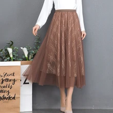 JORSEA осень зима корейский стиль трапециевидной формы Женская длинная юбка ropa mujer Высокая талия сетка шелк кружево плиссированная юбка стрейч высокая талия