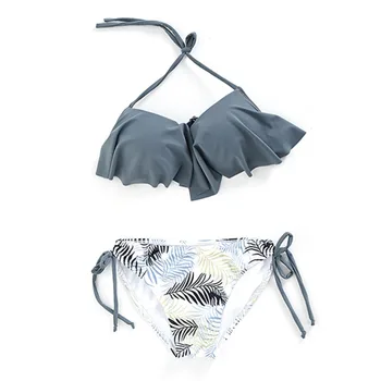 

Women Bikini Set Leaf Print Swimsuit Two Piece Bandage Swimwear Padded Ruffled Flounce Halter Strap Swiming Suit Bikini Set Rk