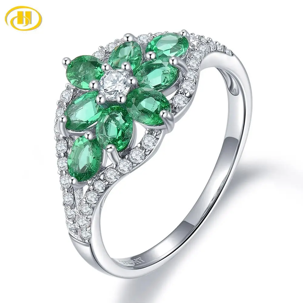 925 Sterling Silver Natural Green Emerald Ring Flower Gemstone 